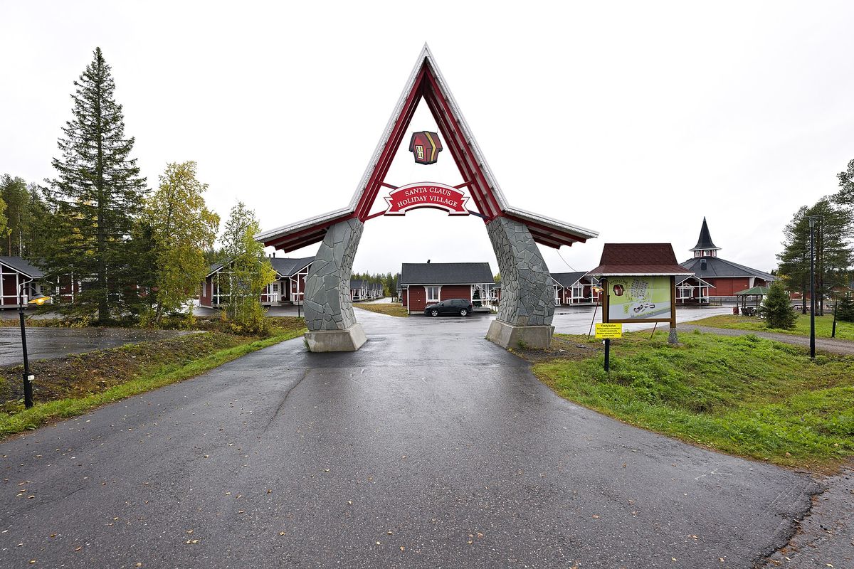 A red cottage row at Santa Claus Holiday Village
