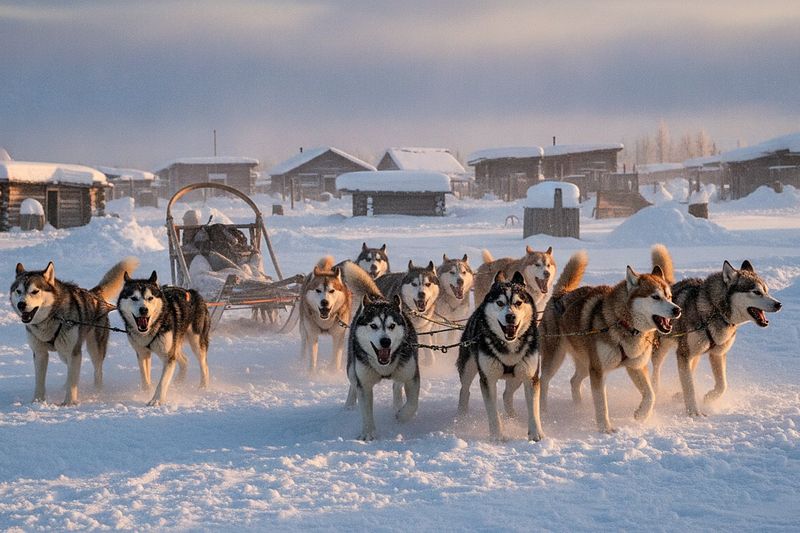 Huskies waiting in harness before a ride