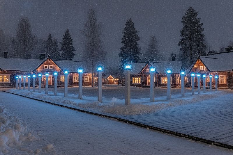 The Arctic Circle line lit in blue at night